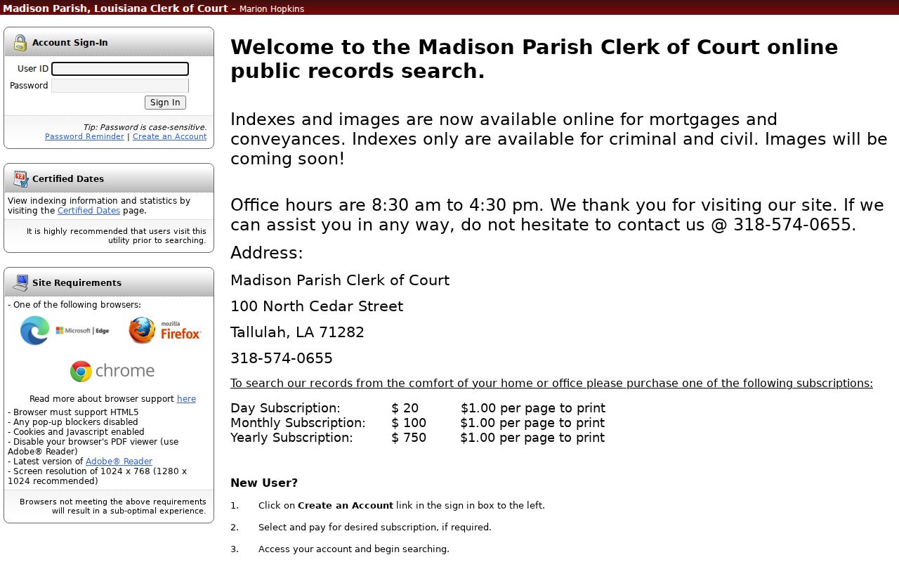 Madison Parish case search access notice on the Cott eSearch login page