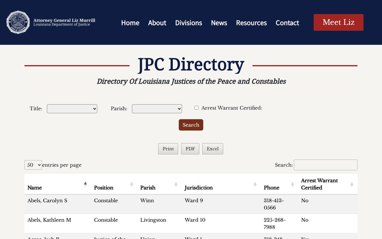 Madison Parish court calendar reference in the Louisiana Justice of the Peace directory