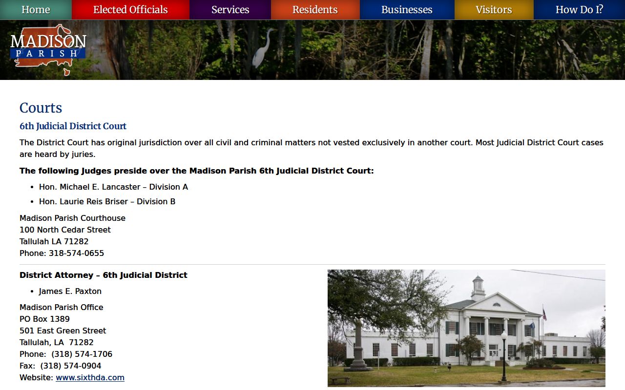 Madison Parish court docket court map for the Sixth Judicial District and Justice of the Peace offices