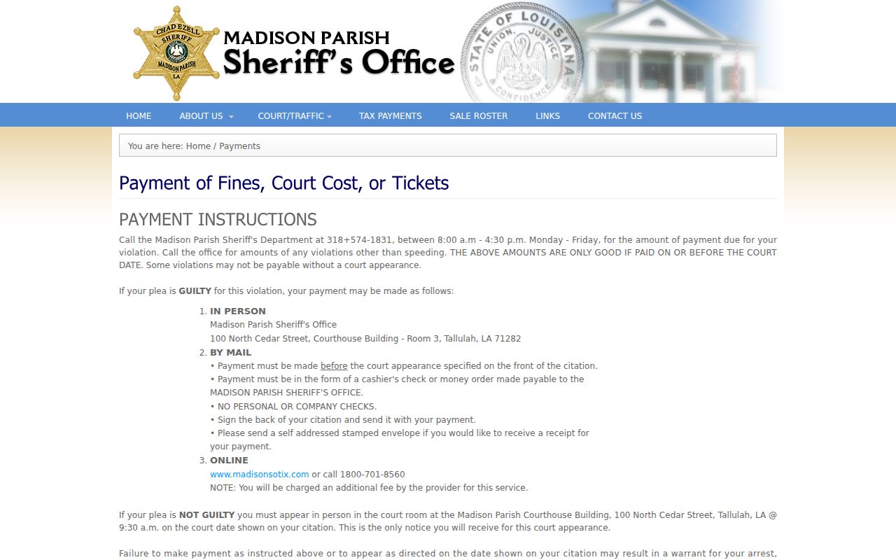 Madison Parish traffic court records Sheriff payment instructions